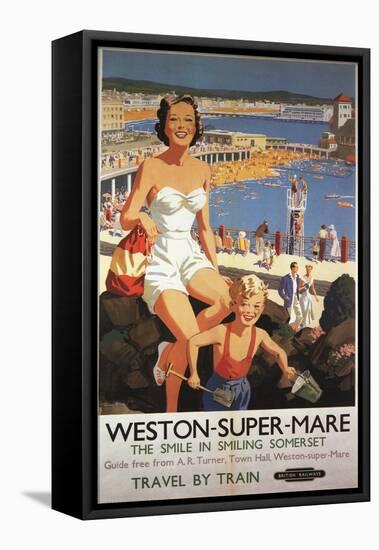 Weston-super-Mare, England - Mother & Son on Beach Railway Poster-Lantern Press-Framed Stretched Canvas