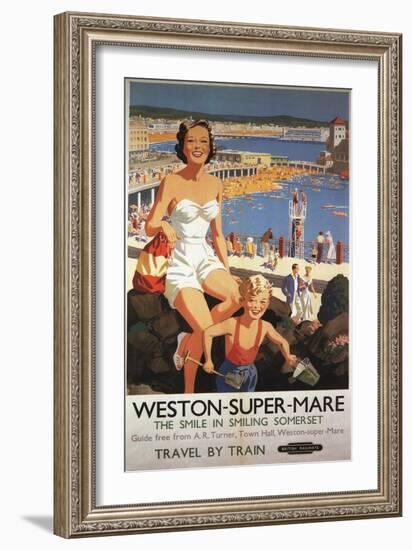 Weston-super-Mare, England - Mother & Son on Beach Railway Poster-Lantern Press-Framed Art Print