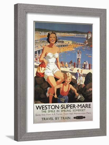 Weston-super-Mare, England - Mother & Son on Beach Railway Poster-Lantern Press-Framed Art Print