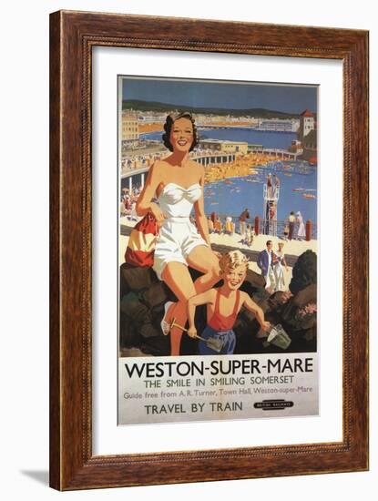 Weston-super-Mare, England - Mother & Son on Beach Railway Poster-Lantern Press-Framed Art Print