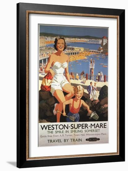 Weston-super-Mare, England - Mother & Son on Beach Railway Poster-Lantern Press-Framed Art Print