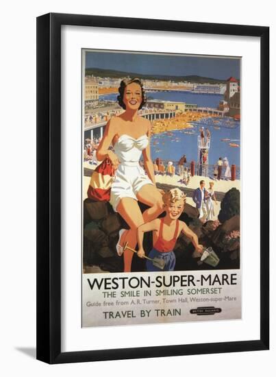 Weston-super-Mare, England - Mother & Son on Beach Railway Poster-Lantern Press-Framed Art Print