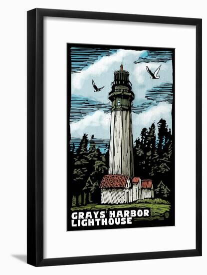 Westport, Washington - Grays Harbor Lighthouse Scratchboard-Lantern Press-Framed Art Print