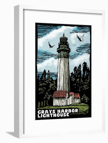 Westport, Washington - Grays Harbor Lighthouse Scratchboard-Lantern Press-Framed Art Print