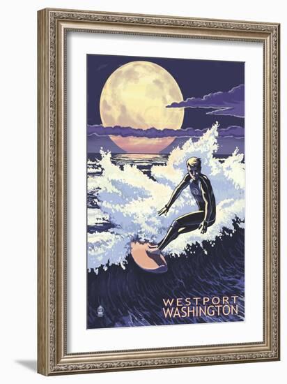 Westport, Washington - Night Surfer-Lantern Press-Framed Art Print