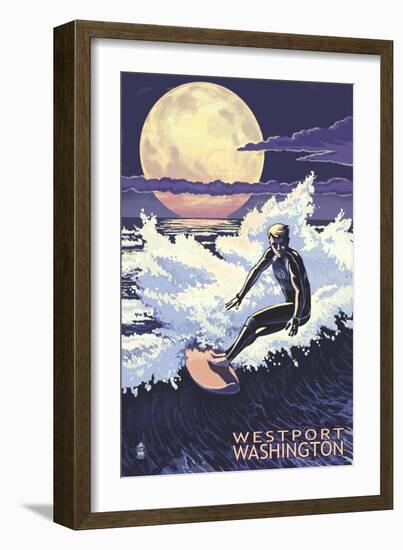 Westport, Washington - Night Surfer-Lantern Press-Framed Art Print