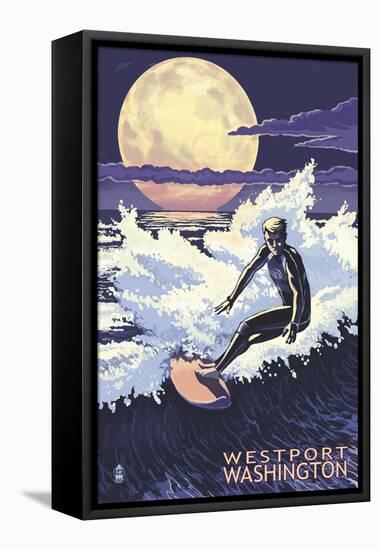 Westport, Washington - Night Surfer-Lantern Press-Framed Stretched Canvas