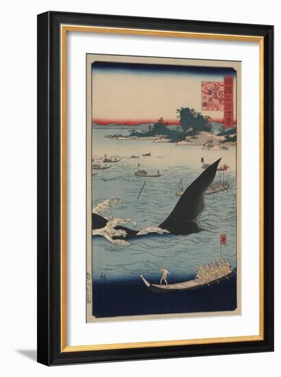 Whale Hunting at the Island of Goto in Hizen (Hizen Goto? Kujiraryo? No Zu)-Ando Hiroshige-Framed Art Print