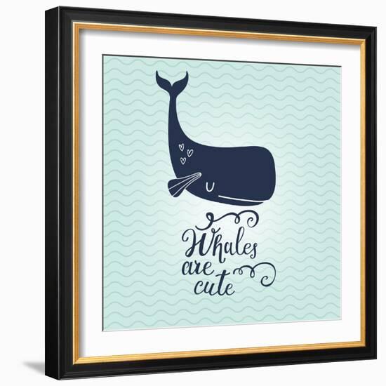 Whales are Cute. Sweet Whale on Sea Textured Background in Vector. Lovely Childish Card in Blue Col-smilewithjul-Framed Art Print