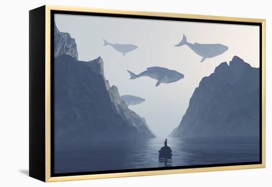 Whales flying in the sky at mountains-Alberto Andrei Rosu-Framed Stretched Canvas