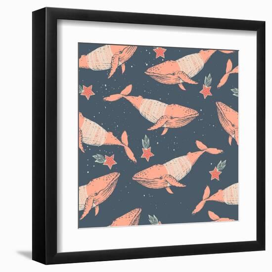 Whales in Sweaters on Star Background-Maria Sem-Framed Art Print
