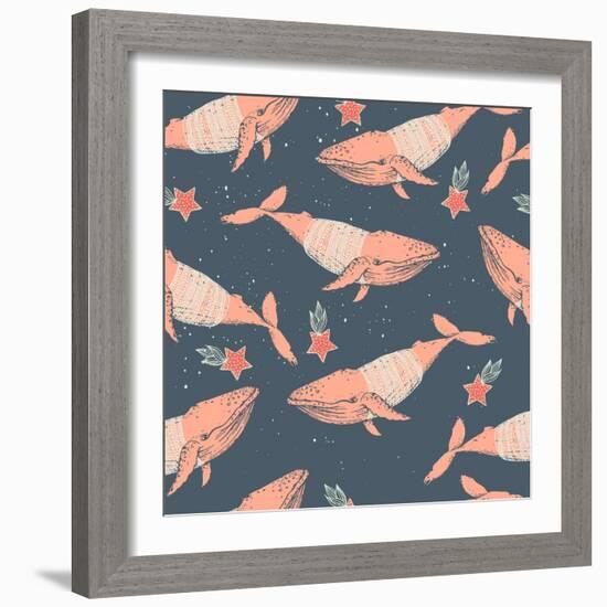 Whales in Sweaters on Star Background-Maria Sem-Framed Art Print