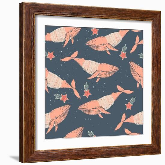 Whales in Sweaters on Star Background-Maria Sem-Framed Art Print