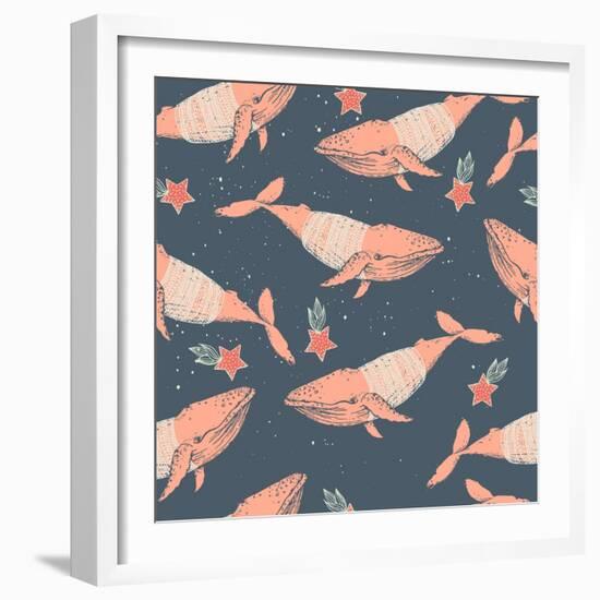 Whales in Sweaters on Star Background-Maria Sem-Framed Art Print