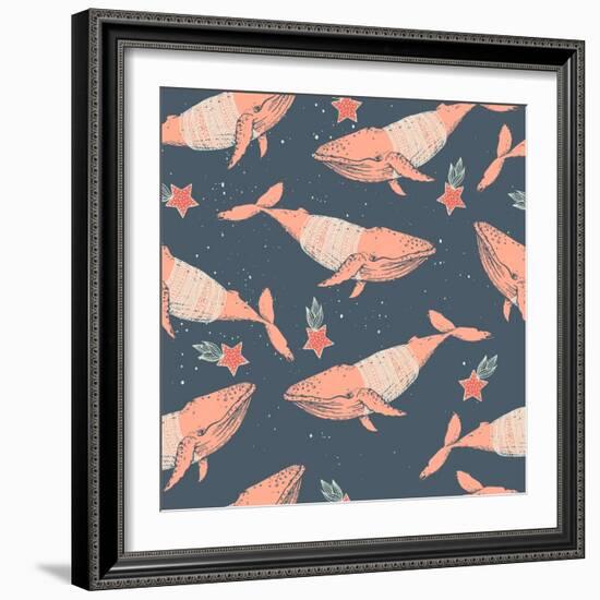 Whales in Sweaters on Star Background-Maria Sem-Framed Art Print