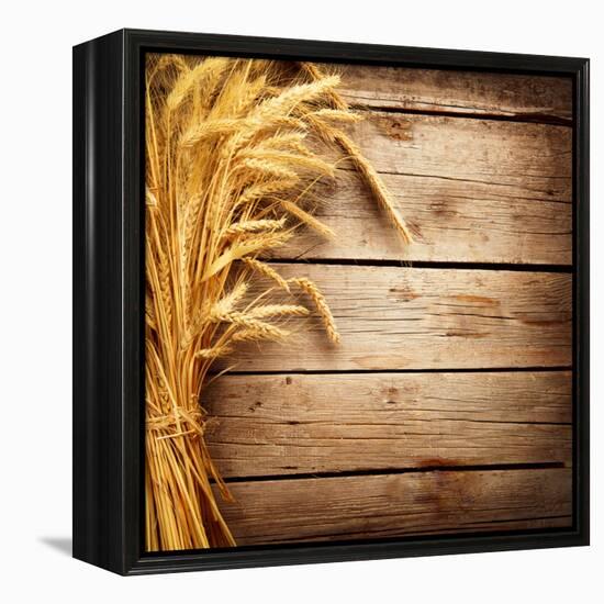 Wheat Ears on the Wooden Table, Sheaf of Wheat over Wood Background-Subbotina Anna-Framed Premier Image Canvas