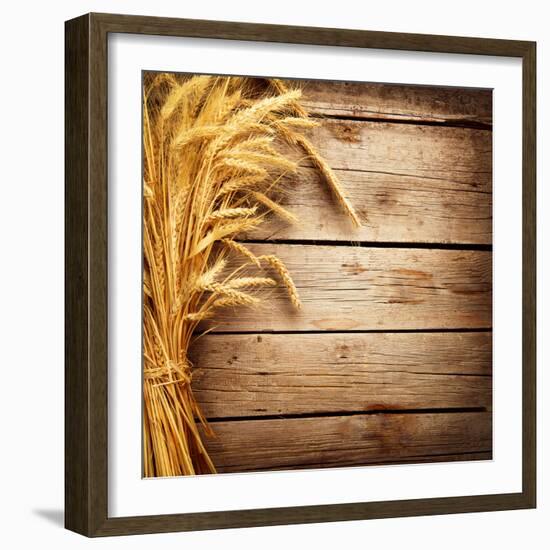 Wheat Ears on the Wooden Table, Sheaf of Wheat over Wood Background-Subbotina Anna-Framed Photographic Print