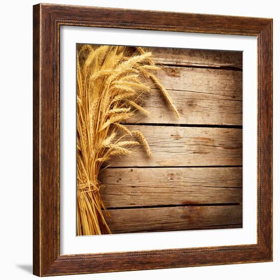 Wheat Ears on the Wooden Table, Sheaf of Wheat over Wood Background-Subbotina Anna-Framed Photographic Print