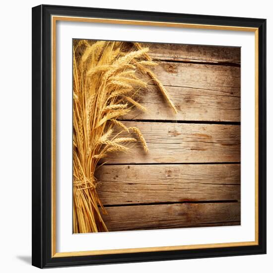 Wheat Ears on the Wooden Table, Sheaf of Wheat over Wood Background-Subbotina Anna-Framed Photographic Print