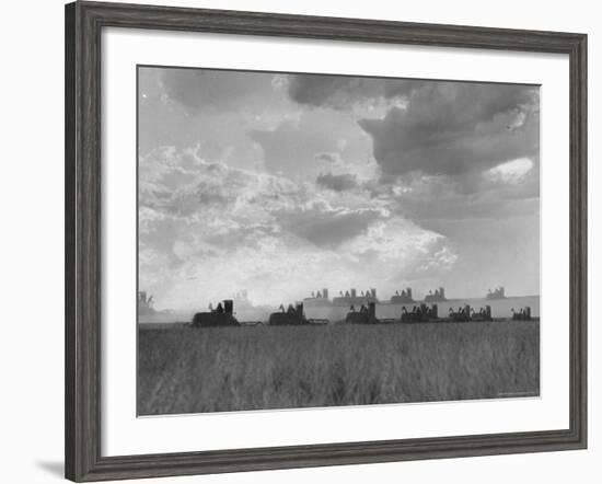 Wheat Harvest Time with Two Lines of Combines Lining Up in Field with Threatening Sky-Joe Scherschel-Framed Photographic Print