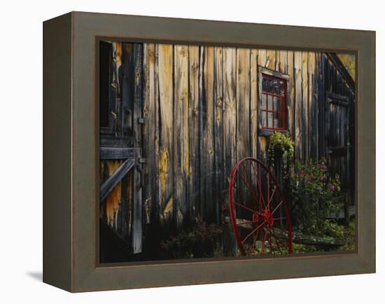 Wheel Besides Barn, Drury Place, Weston, Vermont, USA-Scott T. Smith-Framed Premier Image Canvas
