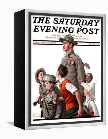 "When Johnny Comes Marching Home" Saturday Evening Post Cover, February 22,1919-Norman Rockwell-Framed Premier Image Canvas