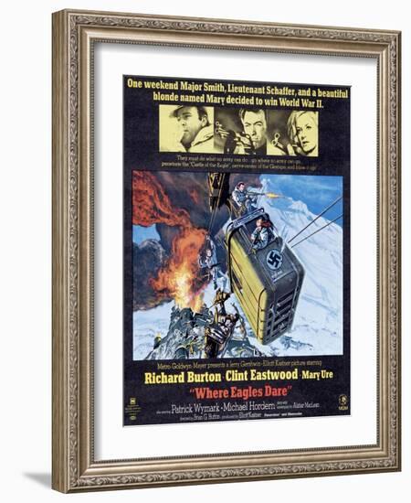 Where Eagles Dare, Top L-R: Richard Burton, Clint Eastwood, Mary Ure on Poster Art, 1968-null-Framed Art Print