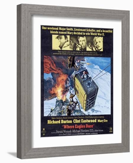 Where Eagles Dare, Top L-R: Richard Burton, Clint Eastwood, Mary Ure on Poster Art, 1968-null-Framed Art Print