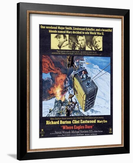 Where Eagles Dare, Top L-R: Richard Burton, Clint Eastwood, Mary Ure on Poster Art, 1968-null-Framed Art Print