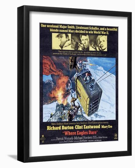 Where Eagles Dare, Top L-R: Richard Burton, Clint Eastwood, Mary Ure on Poster Art, 1968-null-Framed Art Print