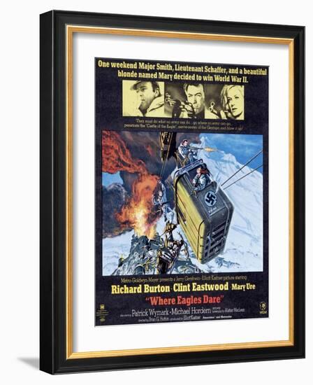 Where Eagles Dare, Top L-R: Richard Burton, Clint Eastwood, Mary Ure on Poster Art, 1968-null-Framed Art Print