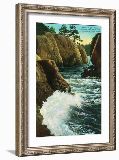 Whidbey Island, Wa - Deception Pass State Park View of Beacon Light Point on Puget Sound, c.1928-Lantern Press-Framed Art Print