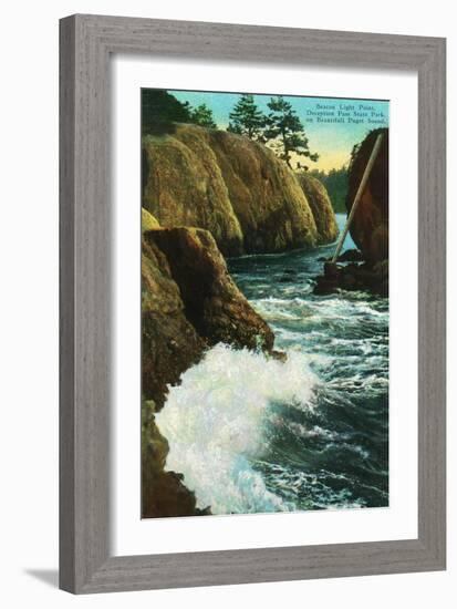 Whidbey Island, Wa - Deception Pass State Park View of Beacon Light Point on Puget Sound, c.1928-Lantern Press-Framed Art Print