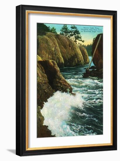Whidbey Island, Wa - Deception Pass State Park View of Beacon Light Point on Puget Sound, c.1928-Lantern Press-Framed Art Print