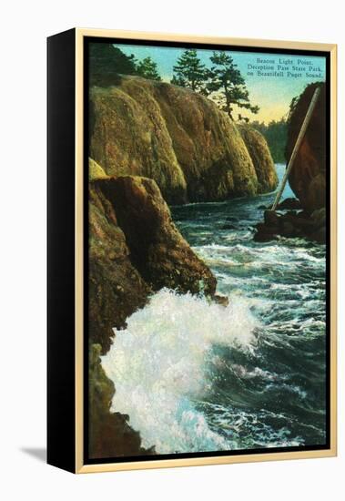 Whidbey Island, Wa - Deception Pass State Park View of Beacon Light Point on Puget Sound, c.1928-Lantern Press-Framed Stretched Canvas