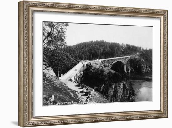 Whidbey Island, Washington - Aerial View of Deception Pass Bridge-Lantern Press-Framed Art Print