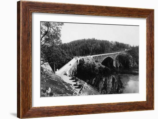 Whidbey Island, Washington - Aerial View of Deception Pass Bridge-Lantern Press-Framed Art Print