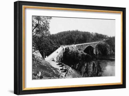 Whidbey Island, Washington - Aerial View of Deception Pass Bridge-Lantern Press-Framed Art Print