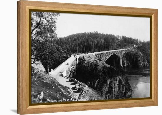 Whidbey Island, Washington - Aerial View of Deception Pass Bridge-Lantern Press-Framed Stretched Canvas