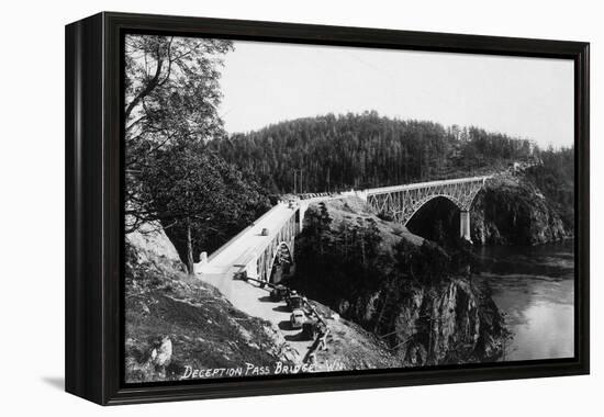 Whidbey Island, Washington - Aerial View of Deception Pass Bridge-Lantern Press-Framed Stretched Canvas