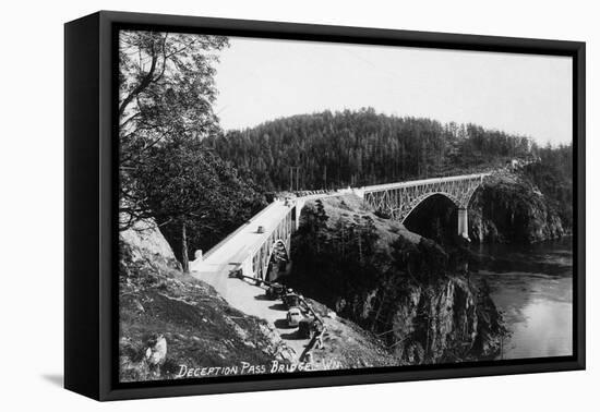 Whidbey Island, Washington - Aerial View of Deception Pass Bridge-Lantern Press-Framed Stretched Canvas