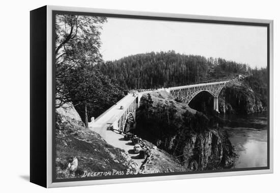 Whidbey Island, Washington - Aerial View of Deception Pass Bridge-Lantern Press-Framed Stretched Canvas