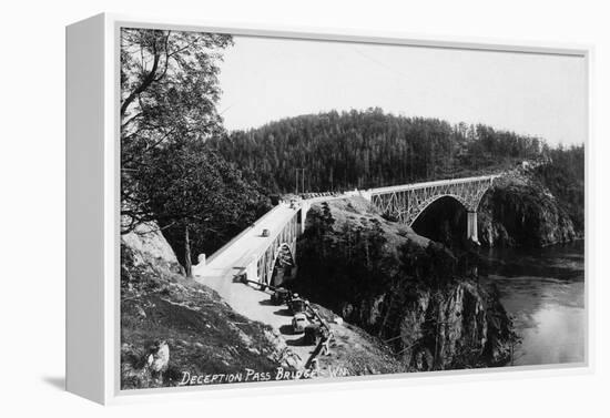 Whidbey Island, Washington - Aerial View of Deception Pass Bridge-Lantern Press-Framed Stretched Canvas