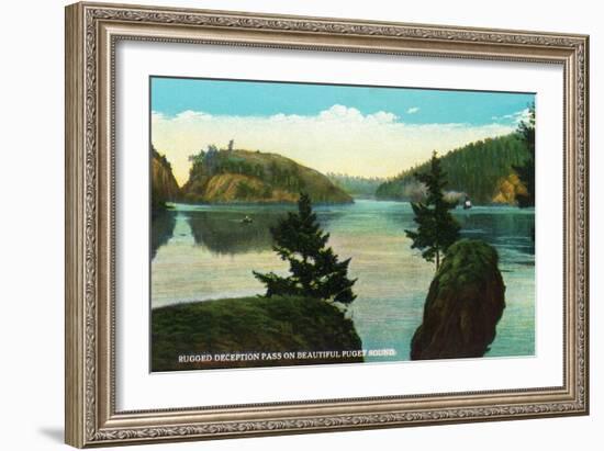 Whidbey Island, Washington - Deception Pass View from Puget Sound, c.1928-Lantern Press-Framed Art Print