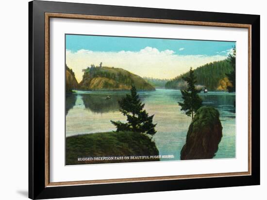 Whidbey Island, Washington - Deception Pass View from Puget Sound, c.1928-Lantern Press-Framed Art Print