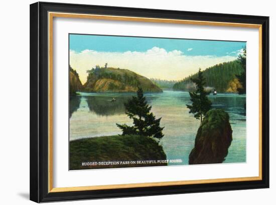 Whidbey Island, Washington - Deception Pass View from Puget Sound, c.1928-Lantern Press-Framed Art Print