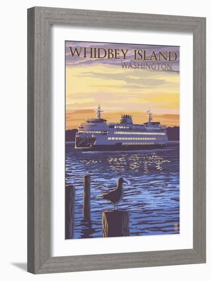 Whidbey Island, Washington - Ferry Sunset and Gull-Lantern Press-Framed Art Print