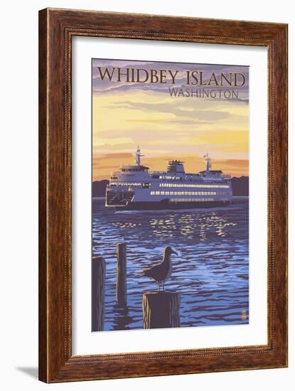 Whidbey Island, Washington - Ferry Sunset and Gull-Lantern Press-Framed Art Print