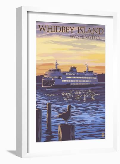 Whidbey Island, Washington - Ferry Sunset and Gull-Lantern Press-Framed Art Print