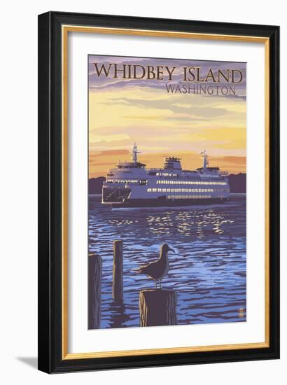 Whidbey Island, Washington - Ferry Sunset and Gull-Lantern Press-Framed Art Print